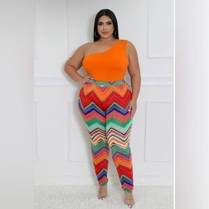 Women’s Plus Size 2-Piece Orange Bodysuit Multi Color Design Leggings Pants
